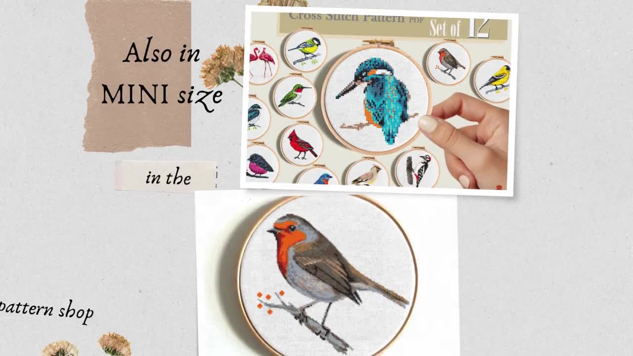 カワセミのクロスステッチ図案（PDF）、鳥の刺繍デザイン、自然アート