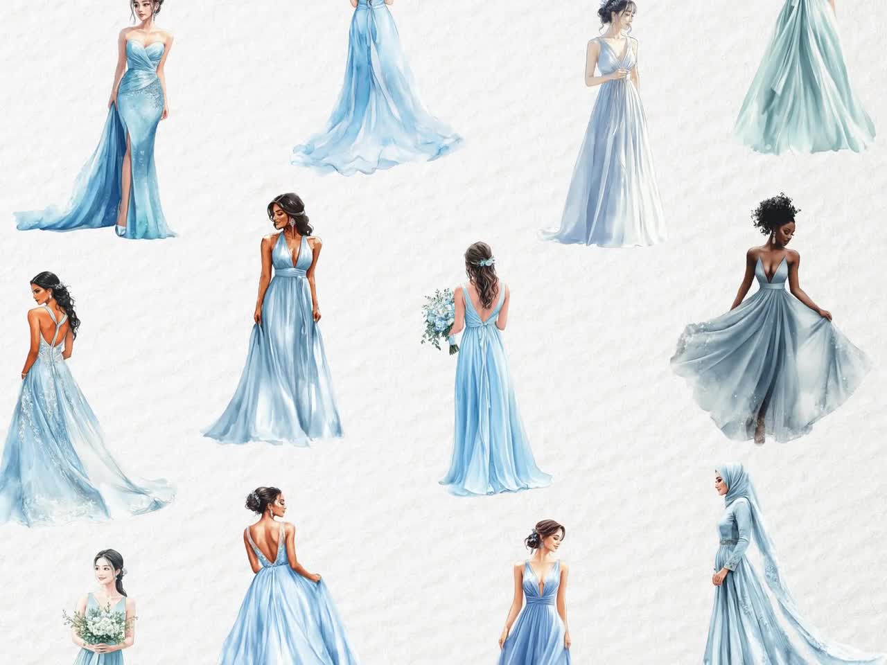 bridesmaid dresses sketches Watercolor Blue Dress Clipart, Elegant Bridal Party Fashion, Custom Wedding Attire Art, Transparent PNG Graphics, Commercial Use quality PNG images shown
