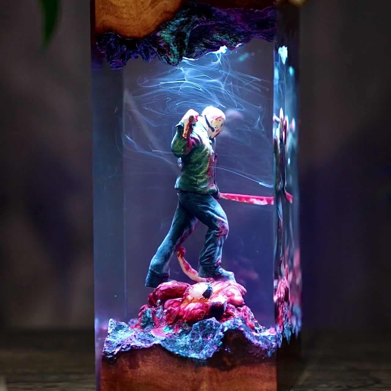 Masked Slasher Horror Resin Lamp, Handmade Epoxy Desk Decor, Dark