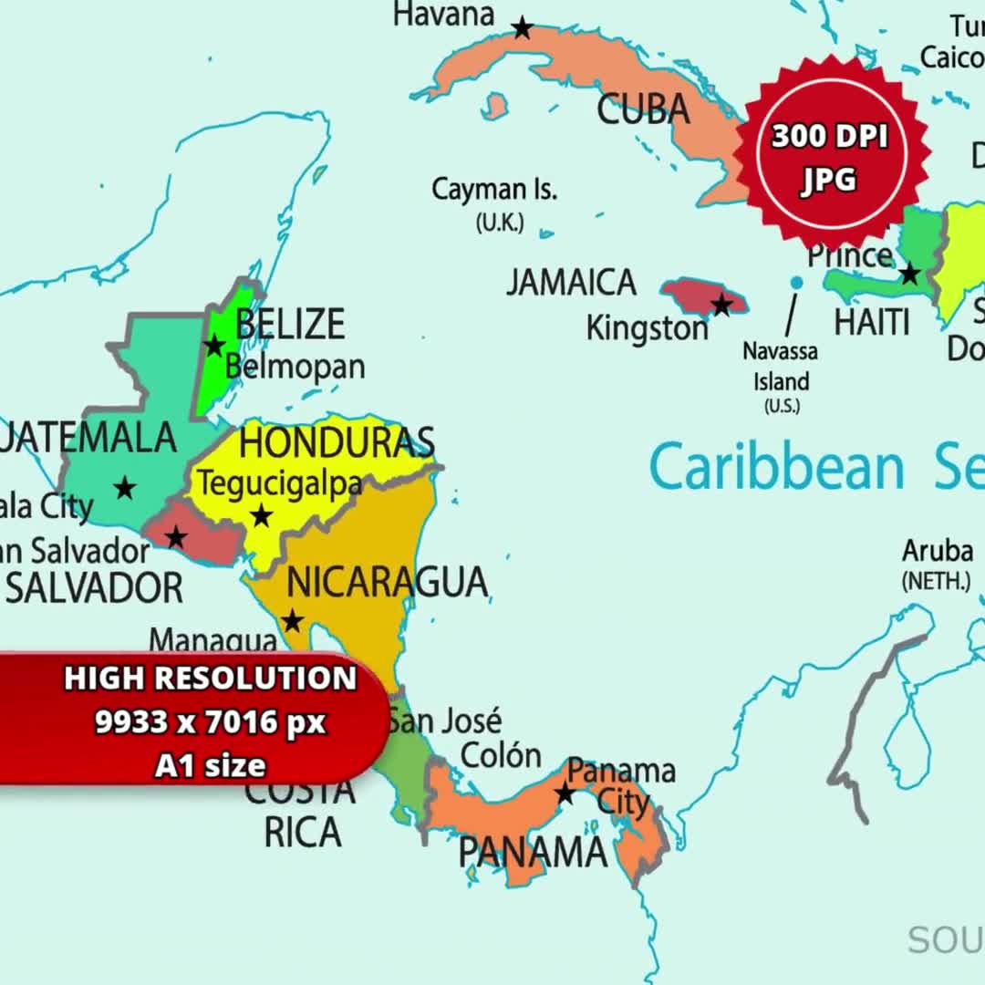 中央アメリカとカリブ海地域の政治地図 – PDF および JPG 高解像度 300