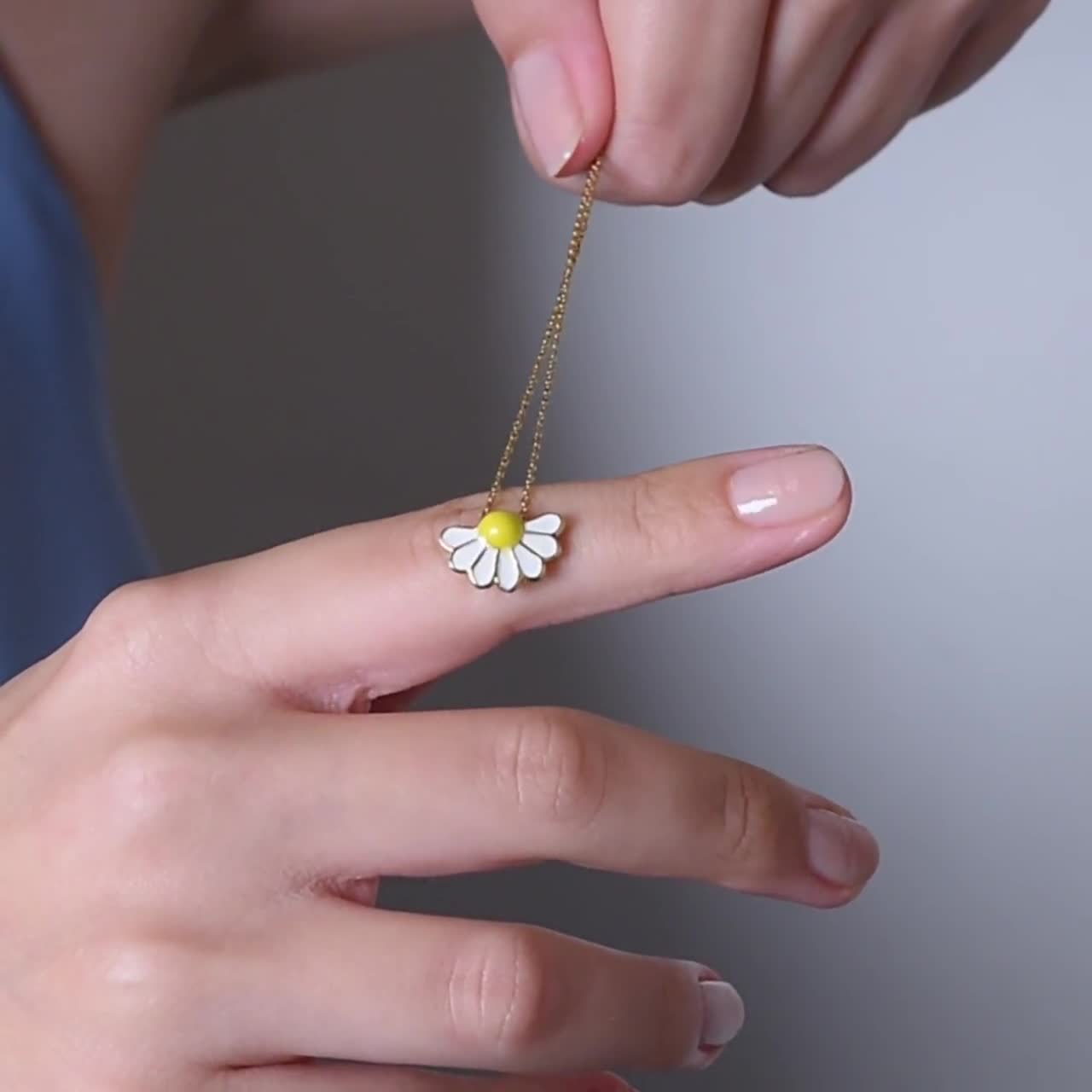 14k Gold Daisy Necklace, Enamel Daisy Flower Necklace, White and