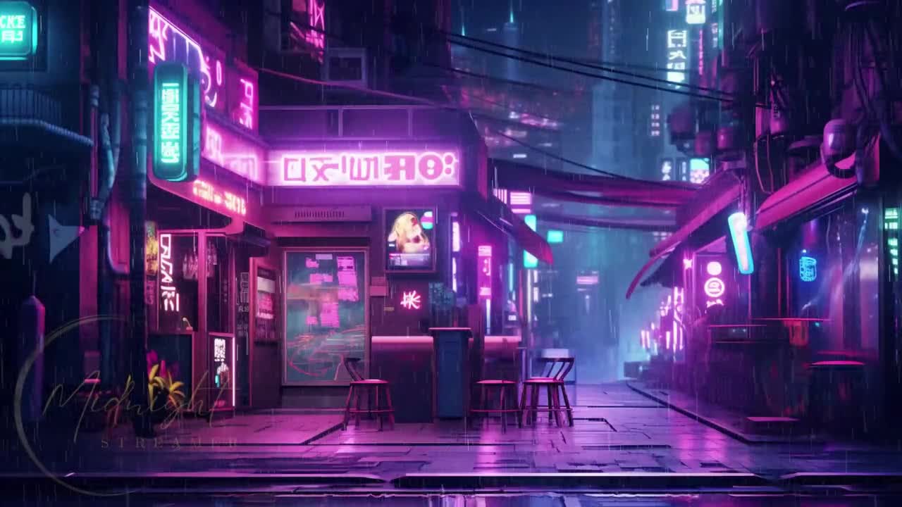 Vtuber Animated Background, Cozy Lofi Ambience Neon Cyberpunk City