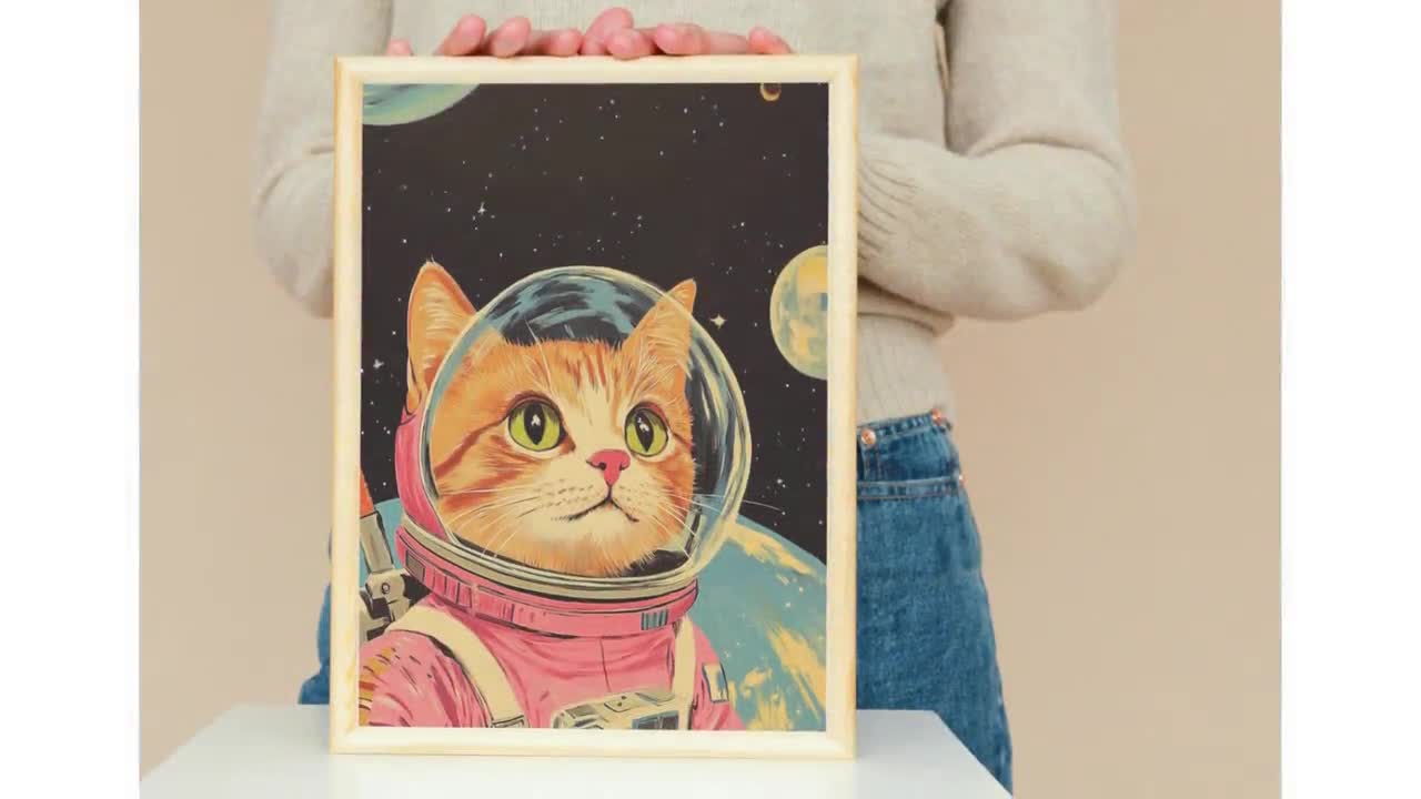 ピンクの猫の宇宙飛行士プリント：気まぐれな宇宙の保育園アート