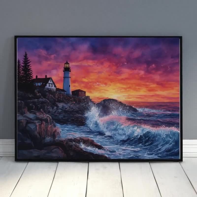 メイン州沿岸の灯台のプリント – 夕日の海の水彩画 - Etsy 日本