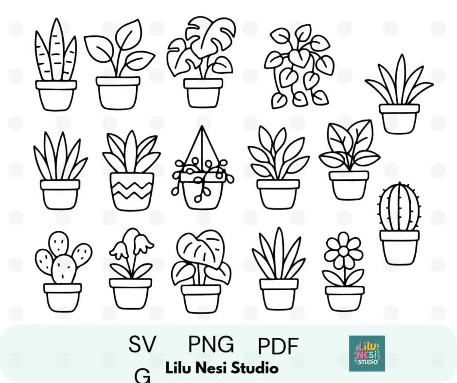 16種類の植物クリップアートイラスト – 白黒植物線画バンドル、PNG
