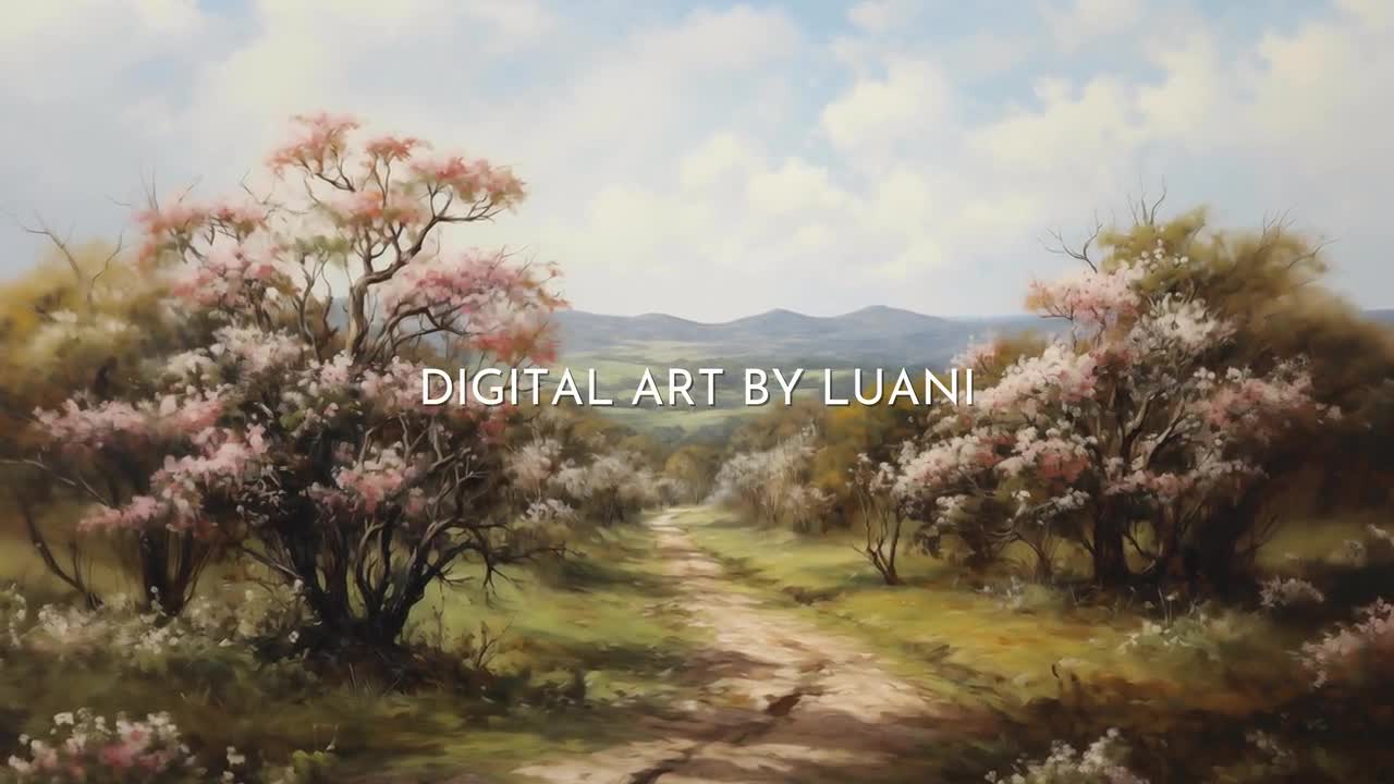 サルスベリの春の風景画キャンバス：田園風景の田舎道アート（デジタル