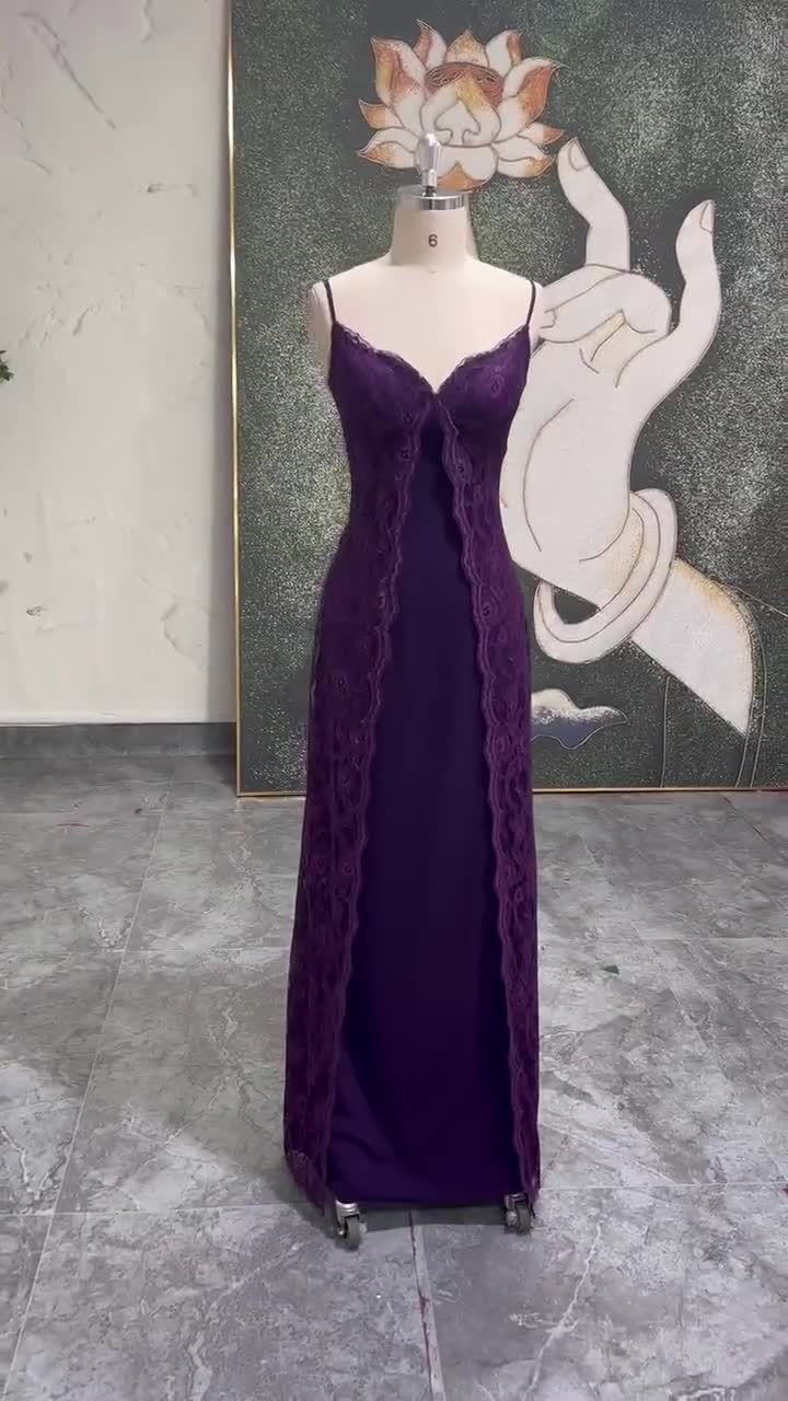 Vintage Deep Purple Prom Dress,90s Lace Party Dress
