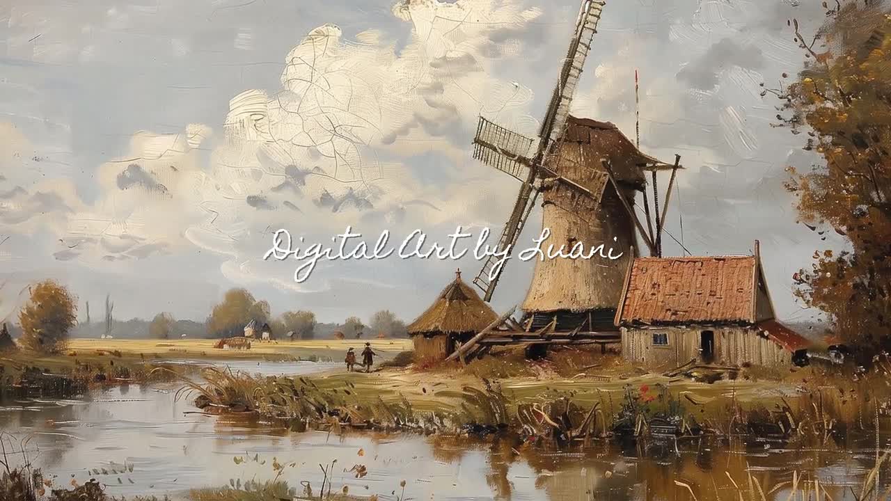 ヴィンテージオランダ風車の油絵：素朴な風景画（デジタルダウンロード