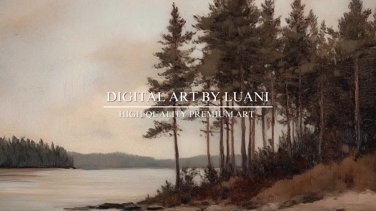 秋の風景画 湖の絵 秋の湖の風景画：陰鬱な森の風景 FRAME TV Art（デジタルダウンロード