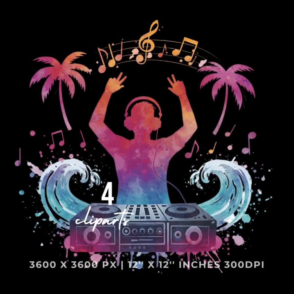 ビーチDJクリップアートセット：夏の音楽PNG＆JPG（12インチ×12インチ