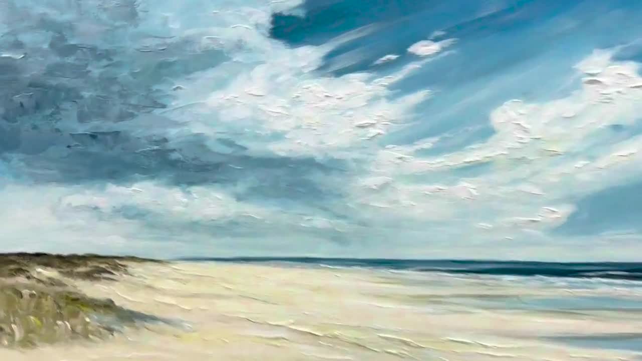 ミニマルな青い海の油絵（キャンバス）、抽象的な海の風景の壁掛け