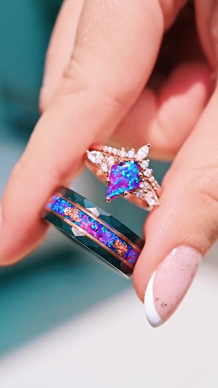 Skye Purple Fire Opal Couples Ring Set- His and Hers Matching