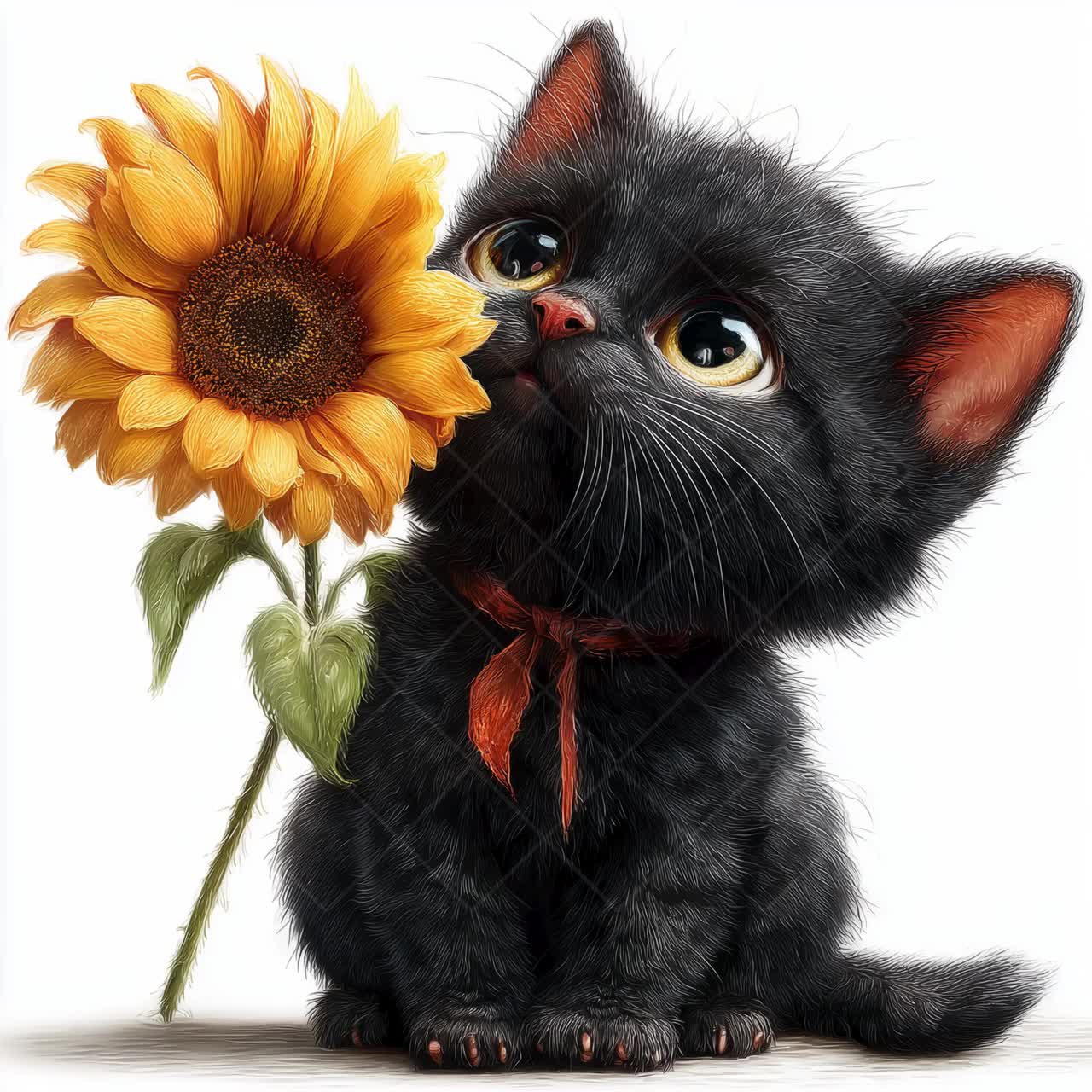 不機嫌そうな猫とひまわりのクリップアート：面白い怒った子猫の