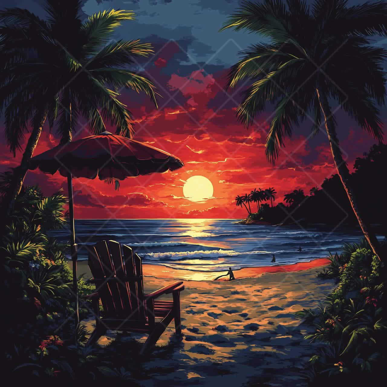 トロピカルビーチの夕日のクリップアート：ヴィンテージのヤシの木の