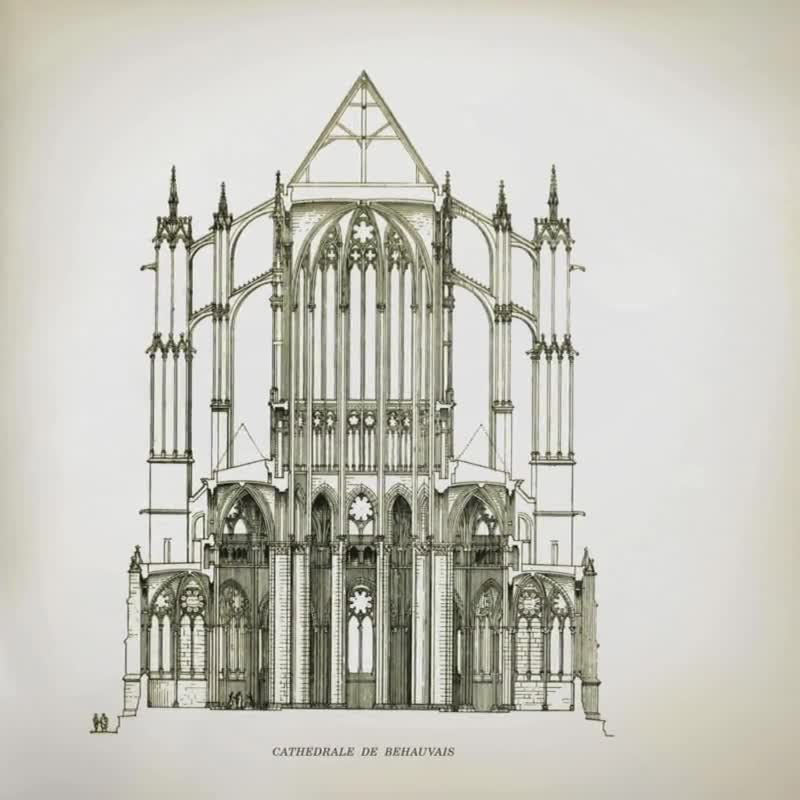 ボーヴェ大聖堂の版画：フランス・ゴシック建築の設計図（即時