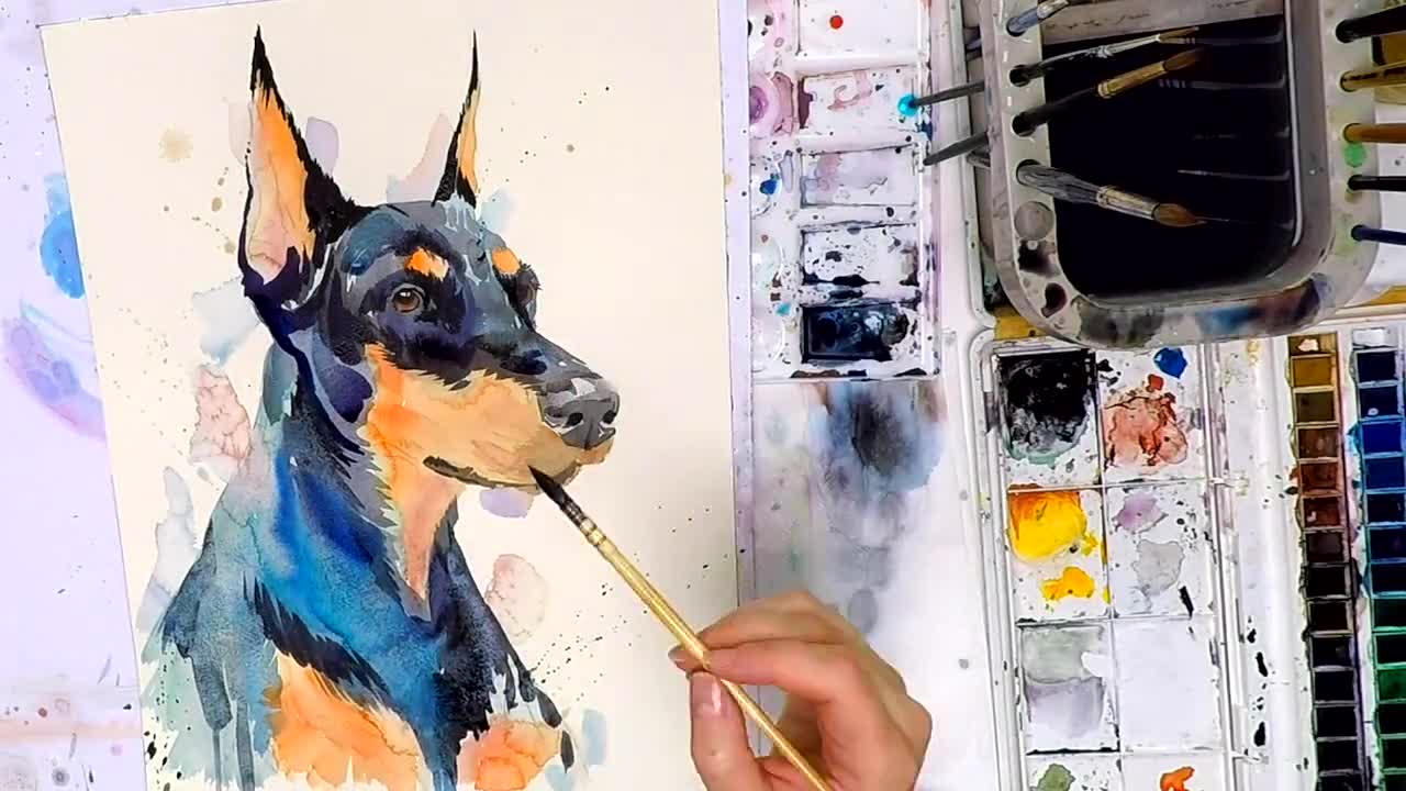 スラヴェイカ・アラジョヴァ作「ドーベルマン犬」限定版水彩画アート