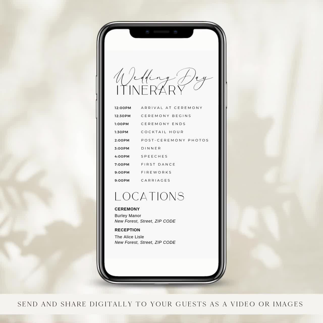 ANY TEXT Digital Wedding Day Timeline Template Itinerary Video