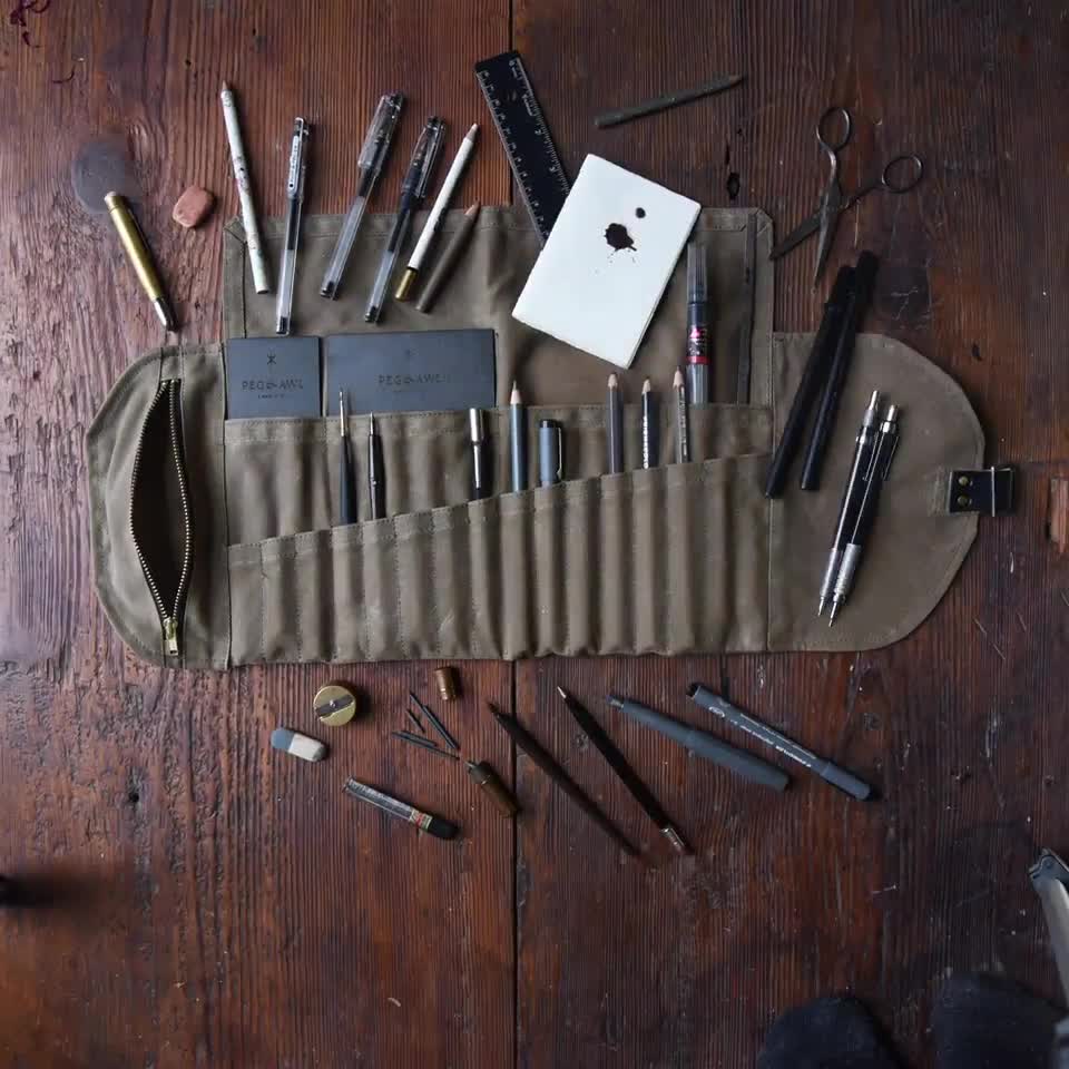 Roll Up Pencil Case with 22 pockets + 1 zipper pouch, Plein Air