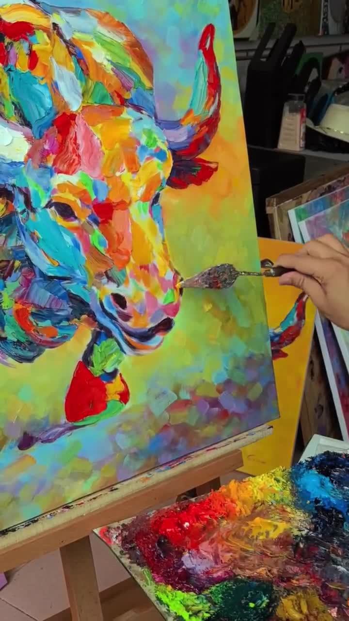 手描きの雄牛の油絵 – パレットナイフで質感のある厚塗りの動物画