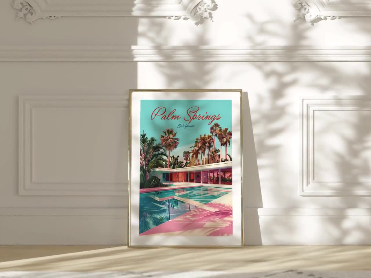 Palm Springs Mid Century Modern Home Pink and Blue Travel Poster