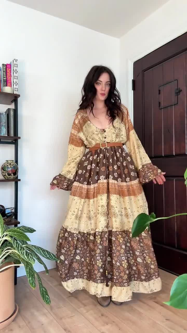 boho desert dress Solstice Hippie Maxi Dress, Earthy Print Bell Sleeve Earth Tone Tiered Dress, Long Bohemian Style Button Maxi Hot Pink Satin Asymmetrical and a breezy layered SUN 6/14 COCOA COAST Color:Floral-Denim