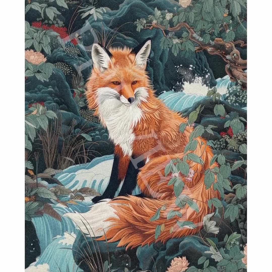 Fox & Waterfall Art Print // Vintage Woodblock Japanese Painting