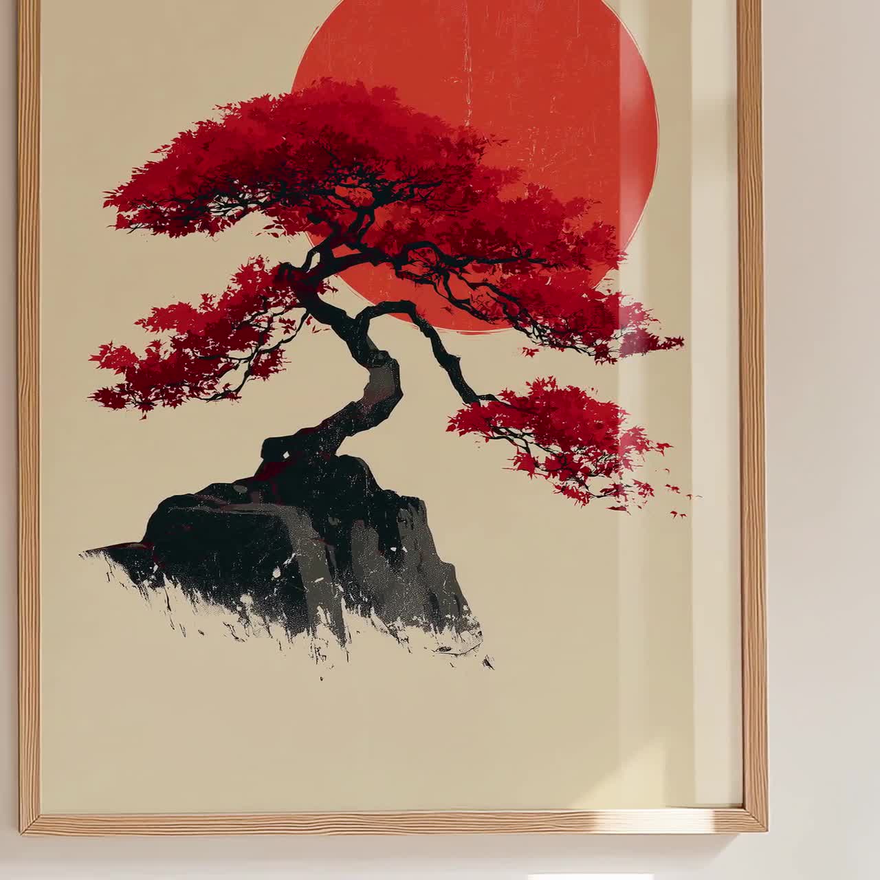Japanese Red Sun Tree Poster | Japanese Minimal Art Print | Bonsai