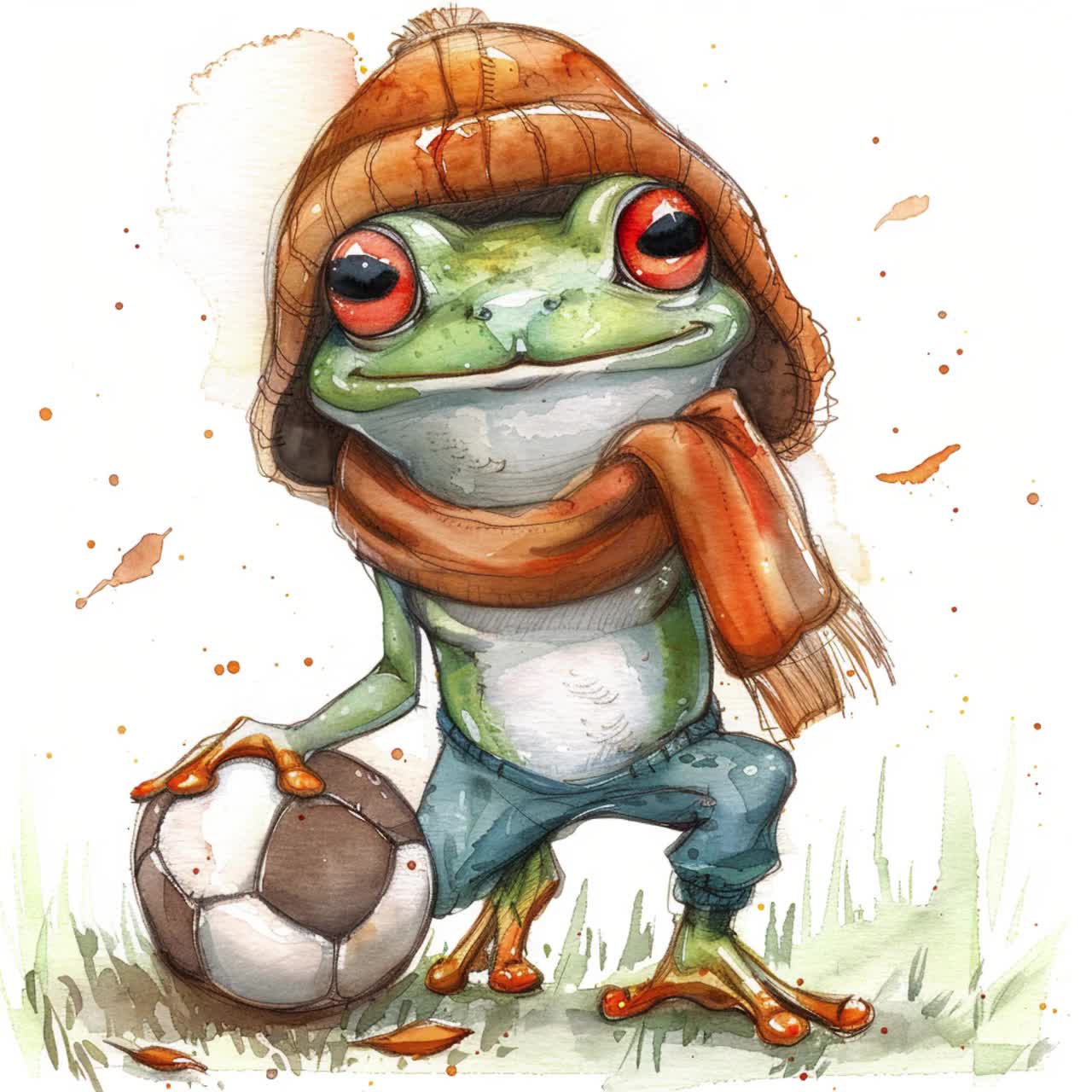 カエルがサッカーをしている水彩画のクリップアート：スポーツイラスト