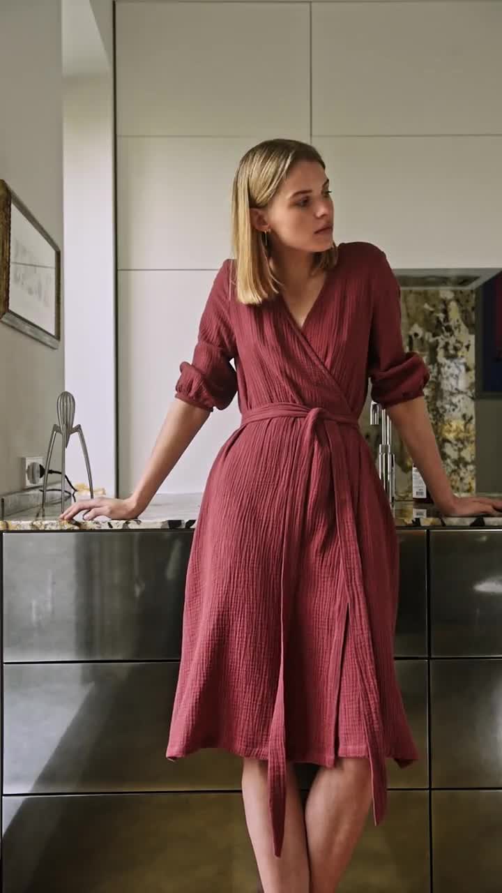 Organic Cotton Wrap Dress - Rouge V Neck Wrap Dress - Gauze Dress for Women - Cotton Summer Midi Dress With Pockets - ANNA Wrap Dress