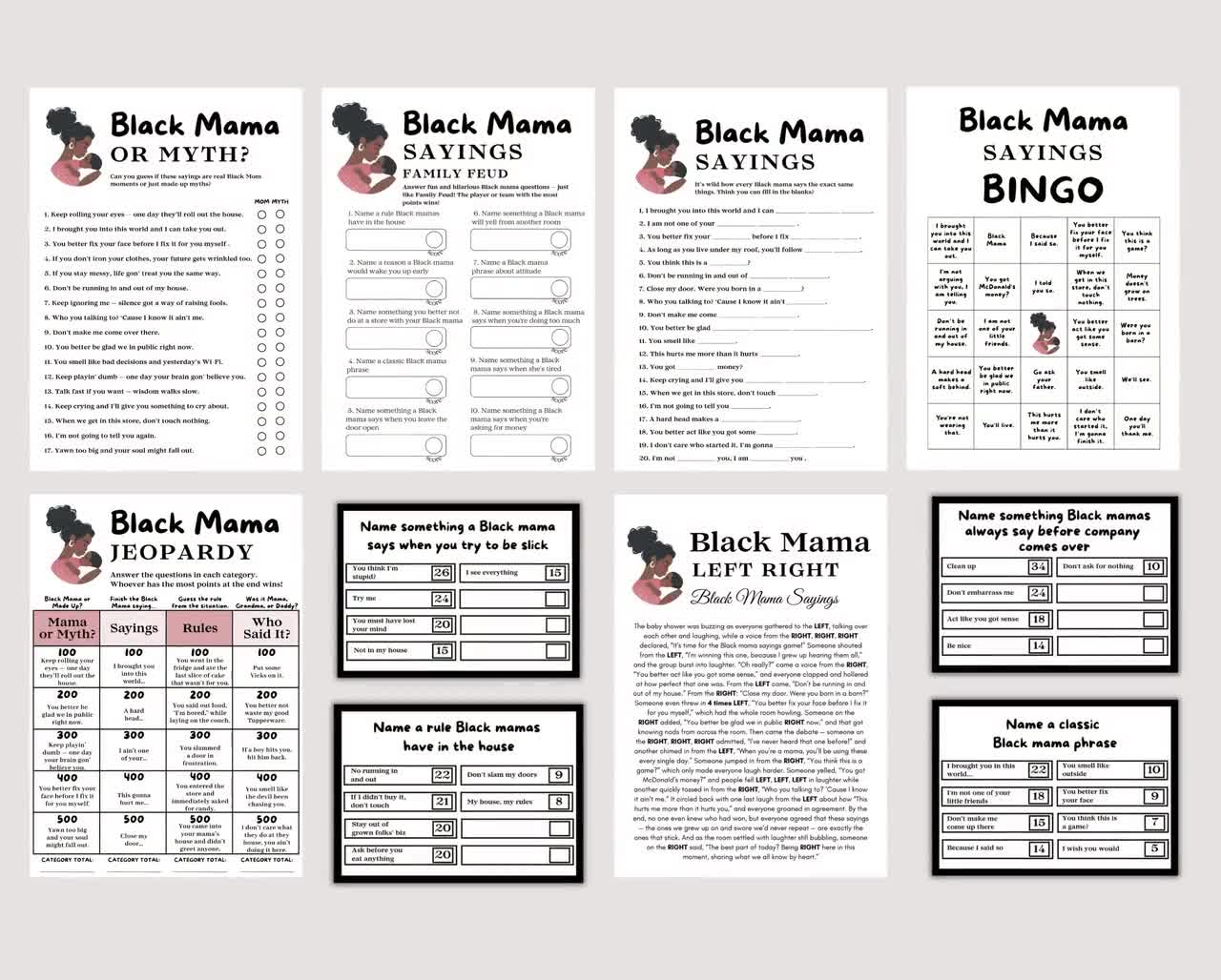 Black Mama Sayings Games Bundle, Black Mom Sayings Baby Shower