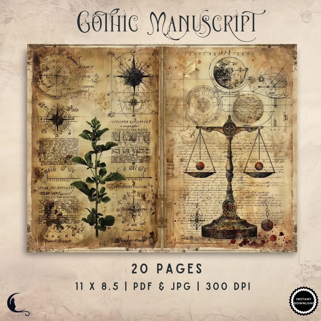 Gothic Manuscript Junk Journal Pages, Printable Medieval Papers
