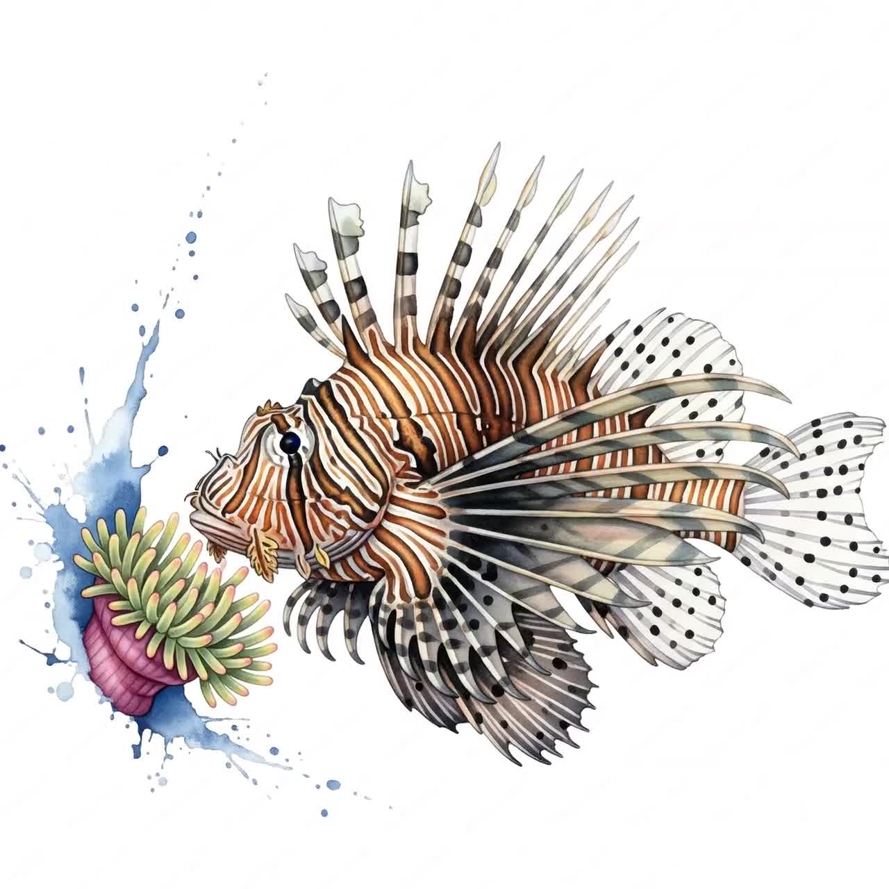 ネイチャーアート「ミノカサゴ」　水彩画 水彩画風ミノカサゴのクリップアート：海洋魚のPNGデザイン（即時