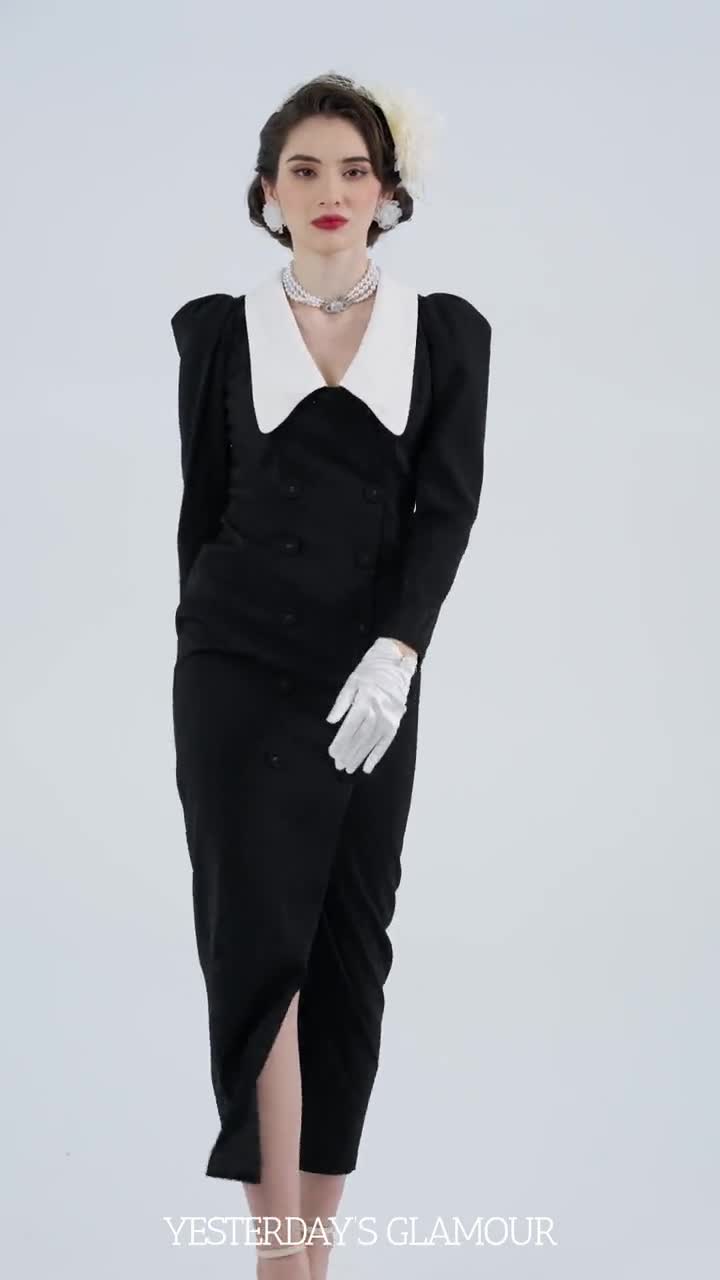 Gwen Black Double-Breasted Dress with White Collar – Elegant Long Sleeve Formal Gown