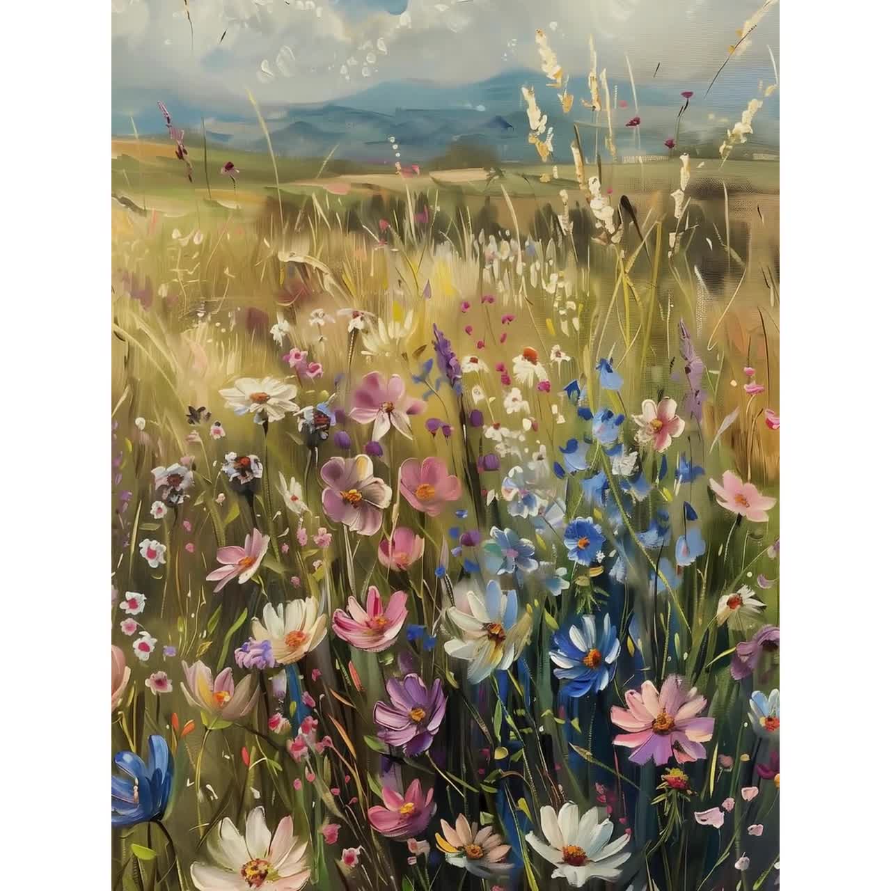 ヴィンテージの野の花畑の油絵、パステルカラーの花の草原のアート