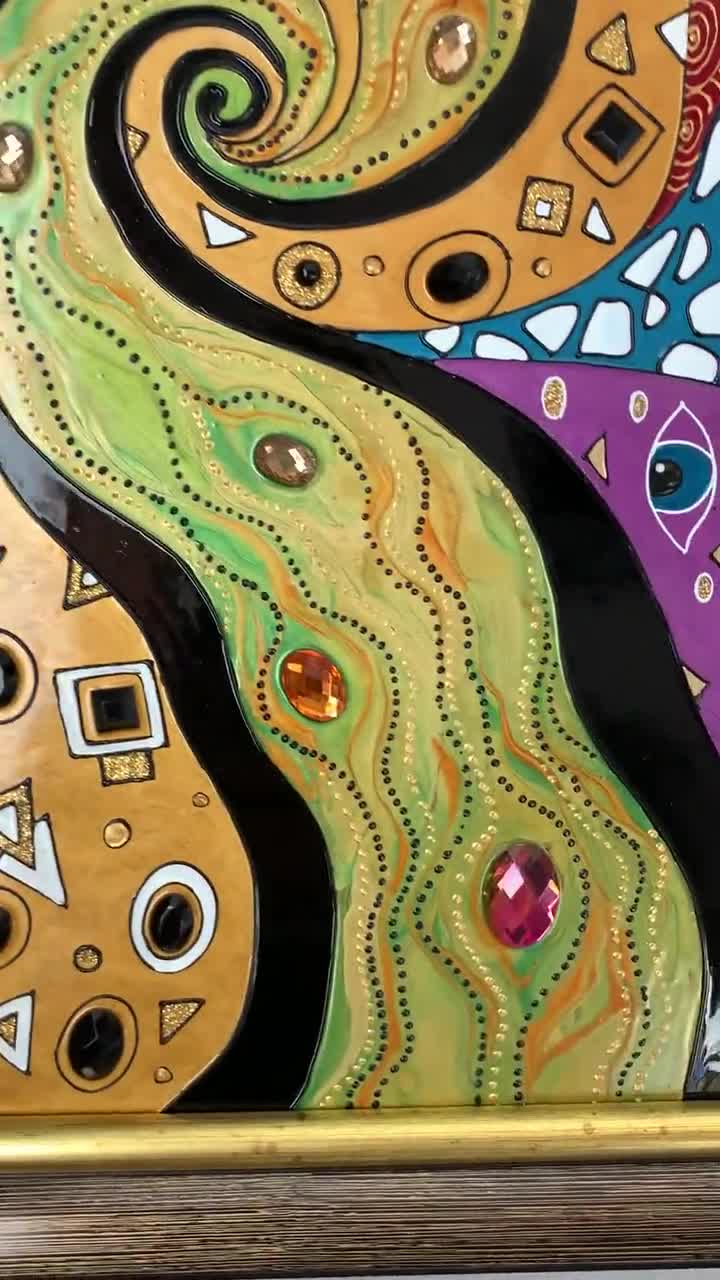 ステンドグラスの絵画ガラスの石を使った抽象画グスタフ・クリムト金の