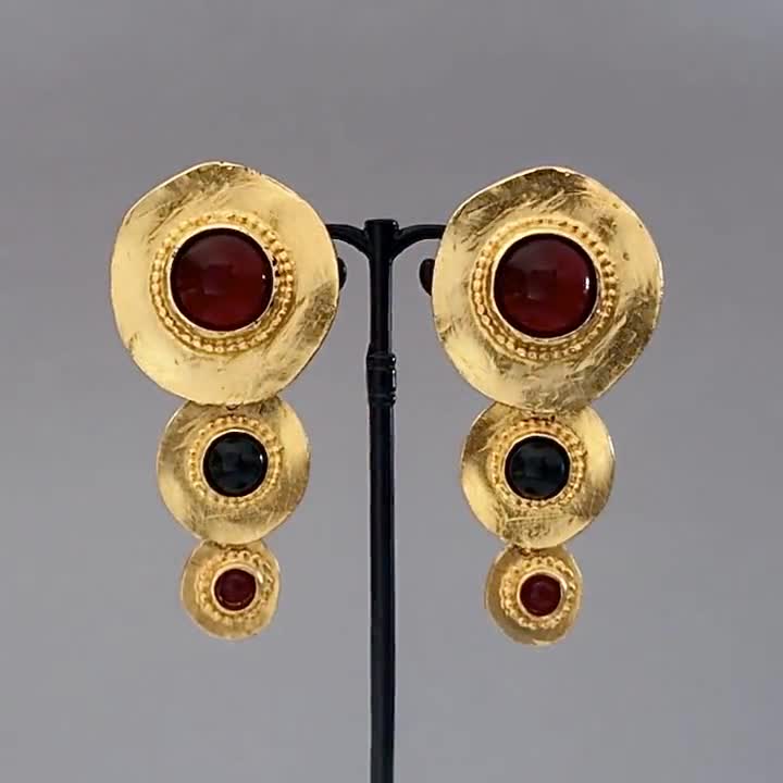 Vintage EDOUARD RAMBAUD Red Black Cabochon Tiered Disc Dangling