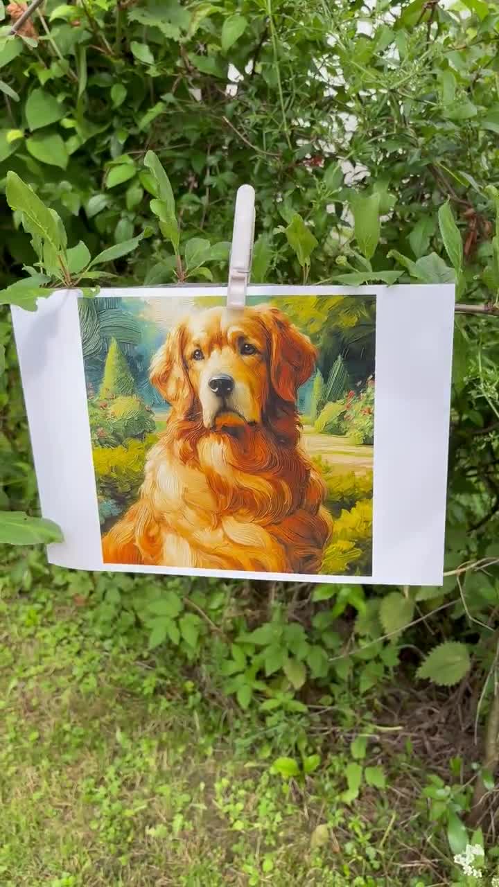 ゴールデンレトリバーの油絵 – 庭園を背景にした威厳ある犬の肖像画
