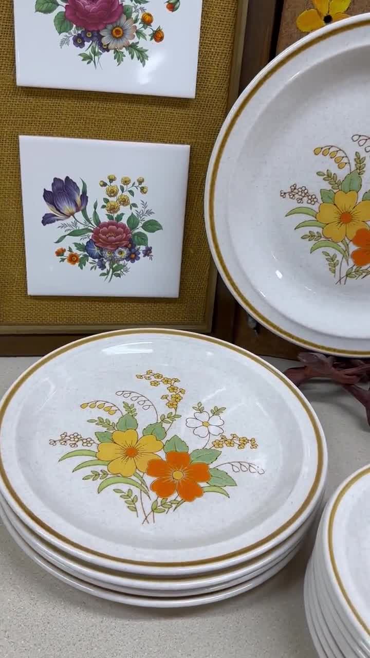 Vintage Japan Stoneware Plates: Orange Floral Dinnerware, JC
