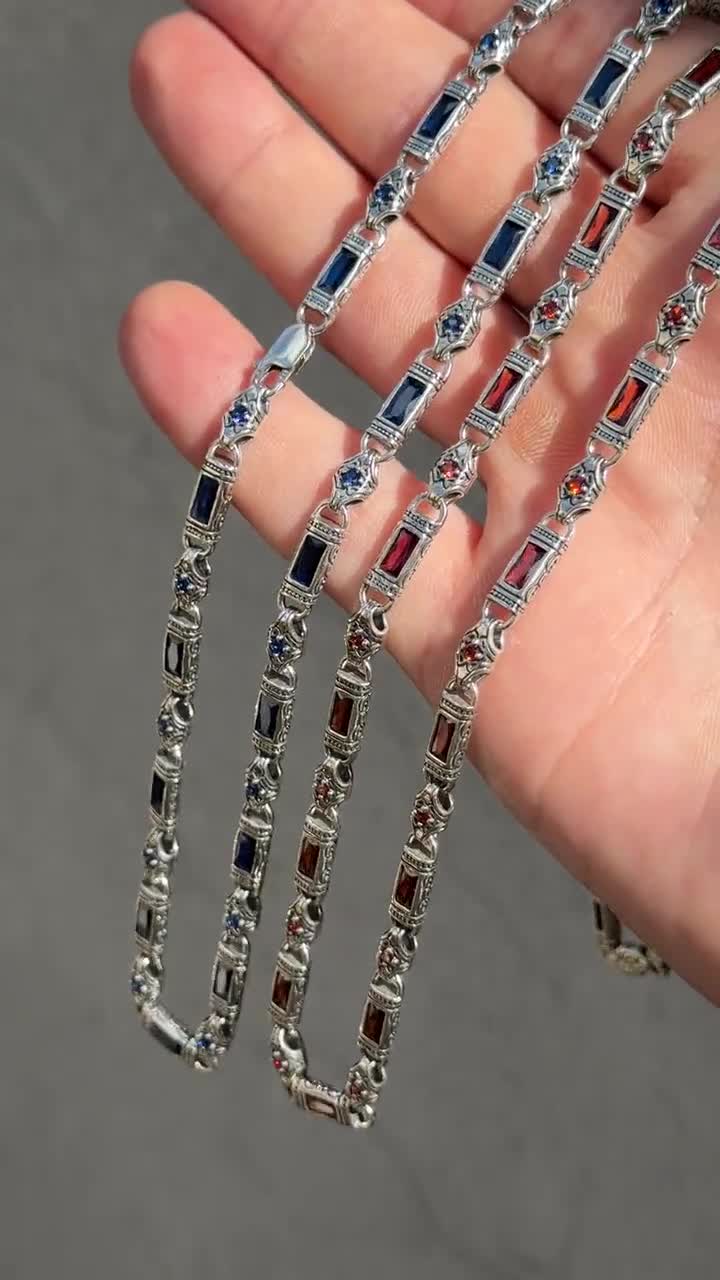 Silver Hand-engraved Onyx Chain, Byzantine Onyx Chain Necklace