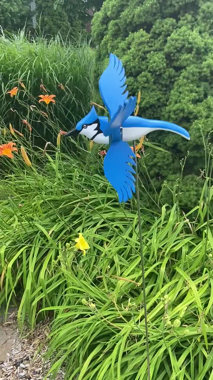 Handcrafted Blue Jay Whirligig | Wooden Garden Spinner, Yard Art