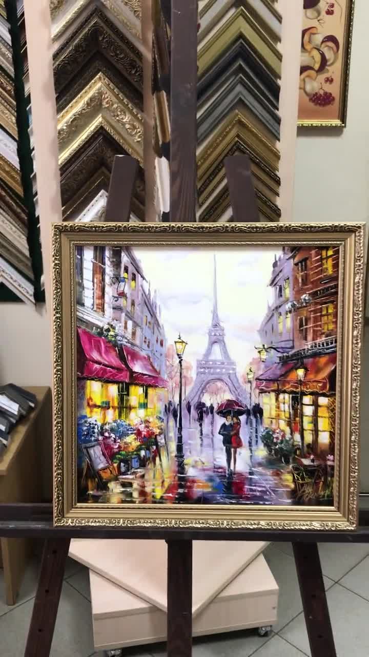 パリのエッフェル塔の油絵、額入り、パリを歩くカップル、キャンバスに