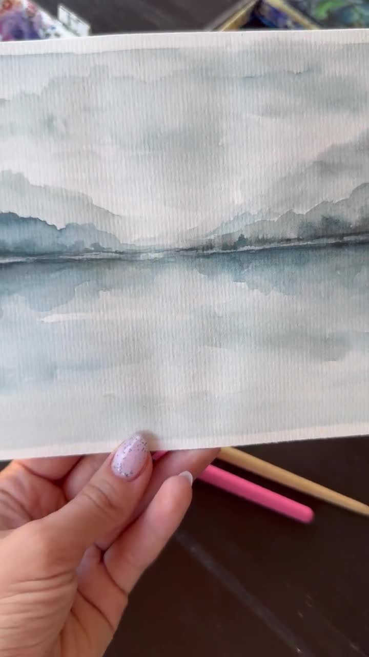 オリジナル水彩画「霧の湖」：抽象風景画、8 x 6インチ - Etsy 日本