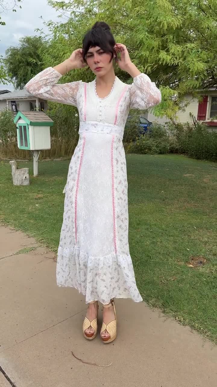 70s Pink Floral Prairie Dress: Vintage Victorian Maxi Dress With