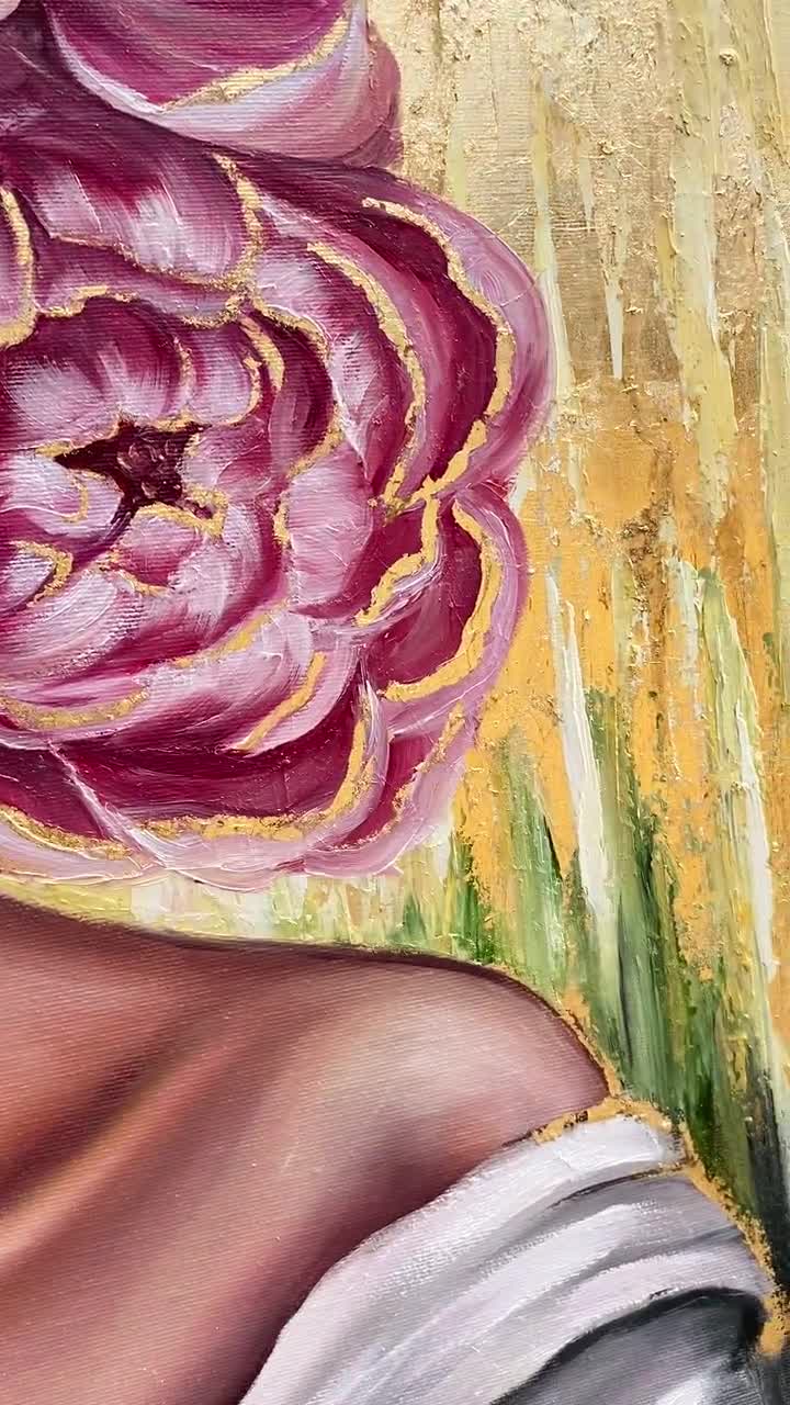 Schöne Frau mit Blumen auf dem Kopf Gemälde Original Goldblatt Blumenkopf Leinwand Wand Kunst Mädchen mit Blumen im Haar Ölgemälde