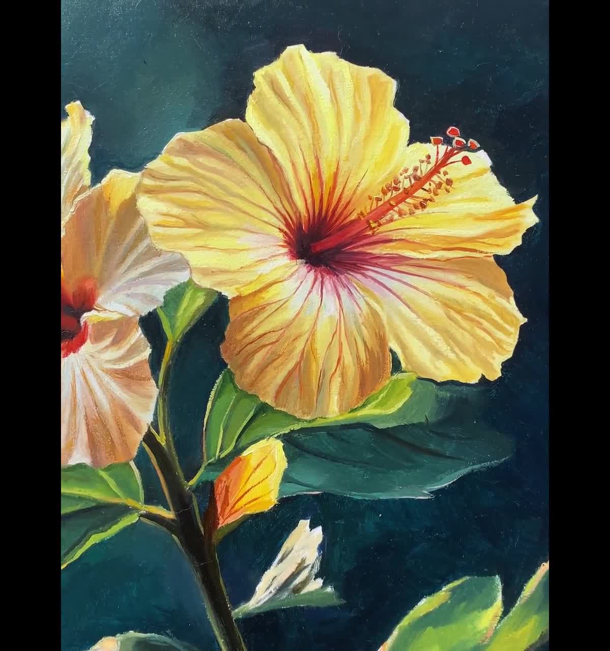 黄色のハイビスカスの花の絵画プリント、トロピカルな花の油絵リアル