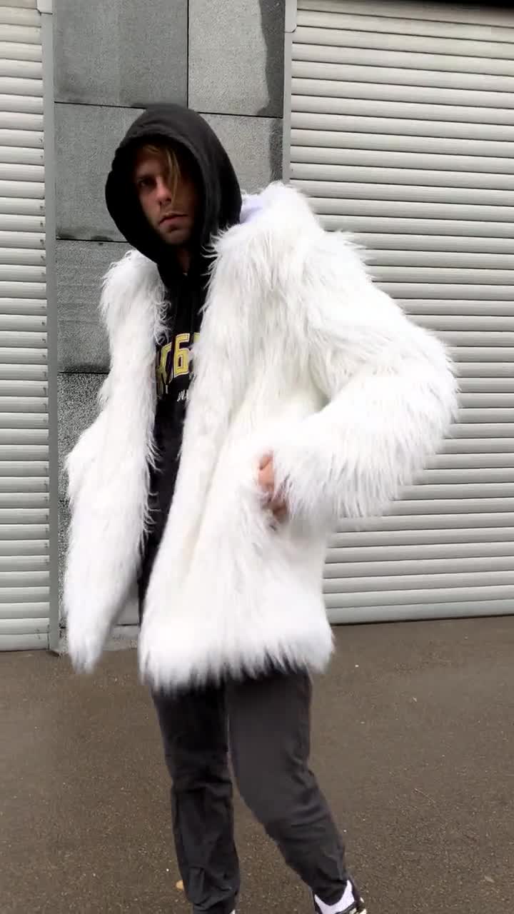 White Shaggy Faux Fur Coat With Hood, Mens Midi Hooded Jacket