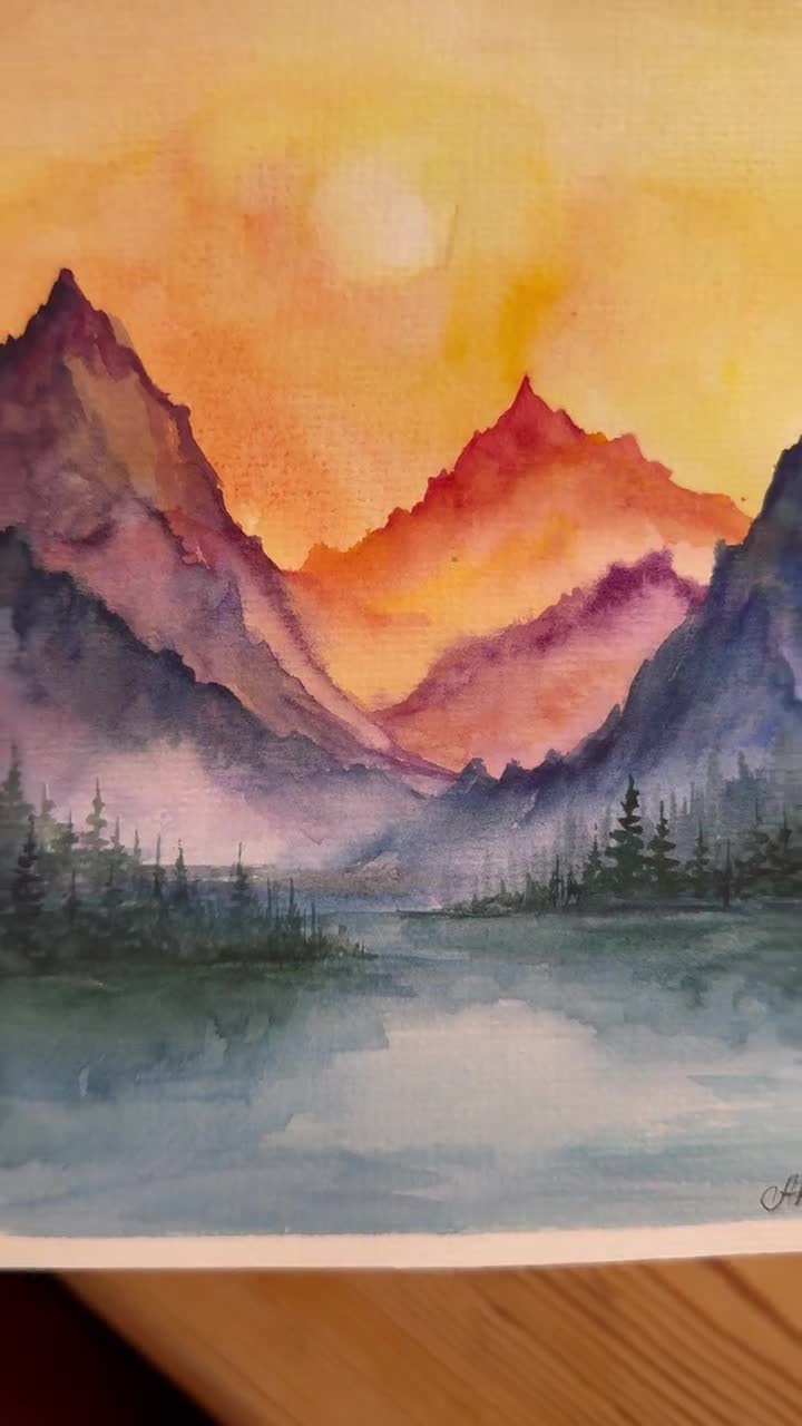 オリジナル水彩画 山川 松の木 風景画 6x8インチ - Etsy 日本
