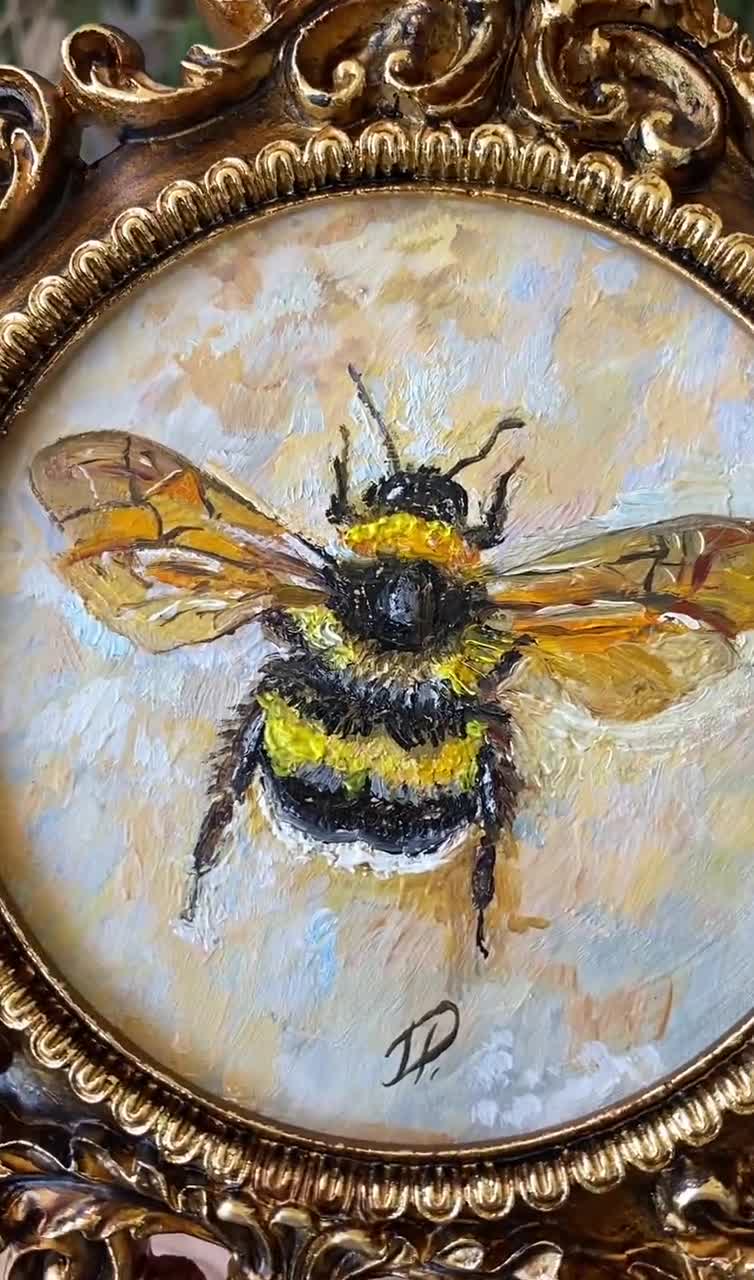印象派のバンブルビー絵画 - ミニチュアヴィンテージ油絵オリジナル