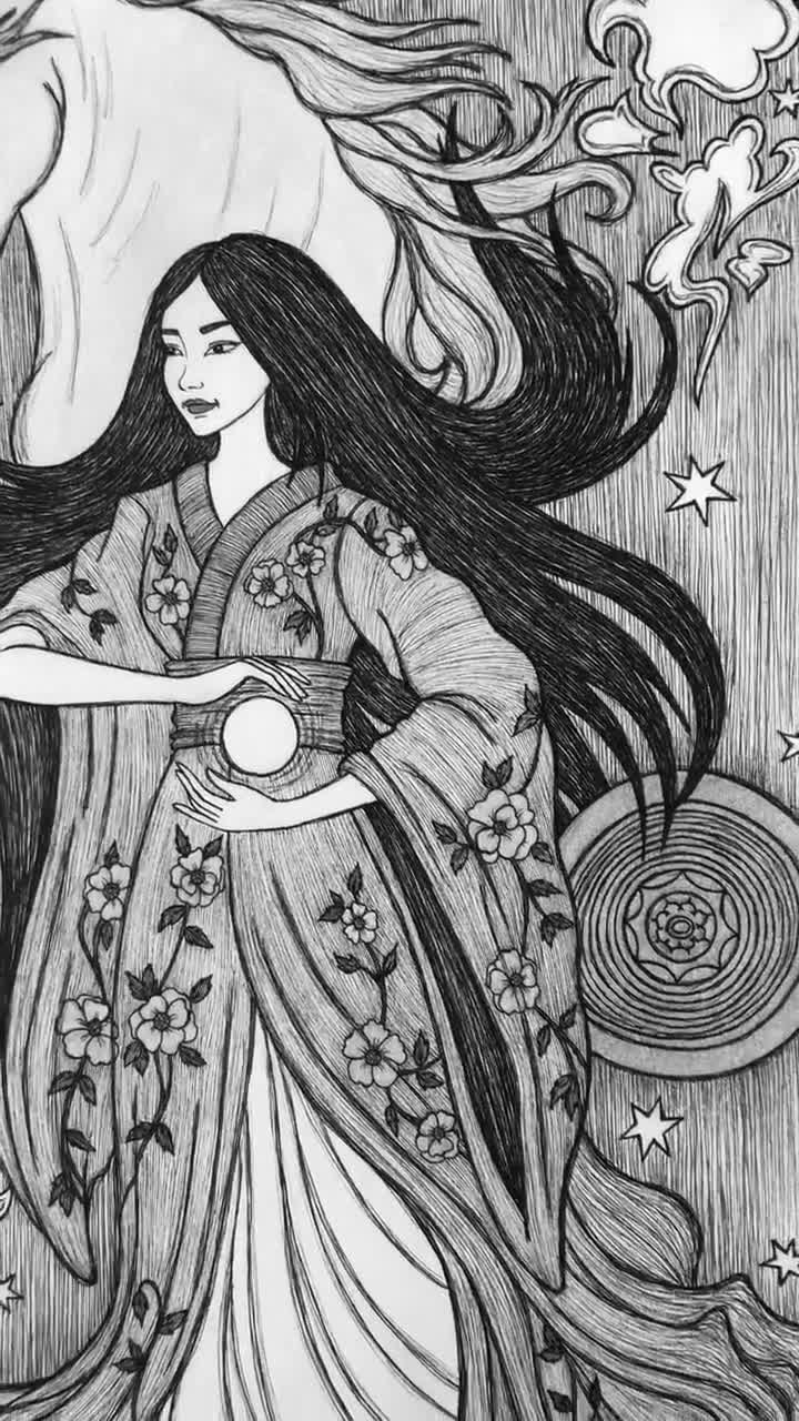 神様 鉛筆画 天照大御神、天を輝かせる神 8x10 神道 太陽の女神 美しき鏡馬 アート