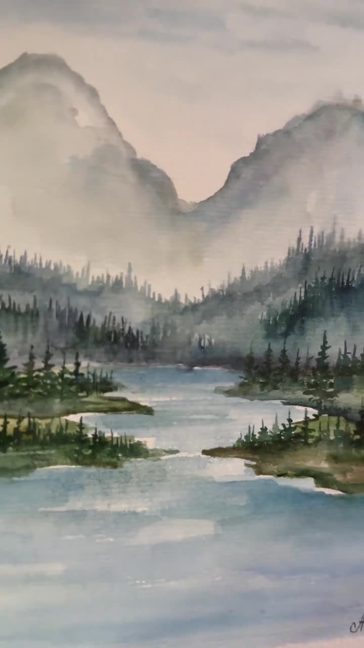 オリジナル水彩画「山と川」：松の木の風景画（6x8インチ） - Etsy 日本